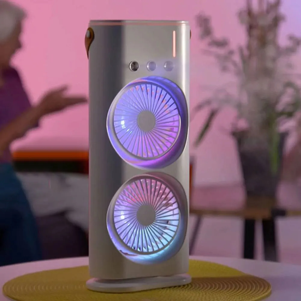 Double-Headed Air Cooler Mist Fan 3 Speeds Rechargeable Desk Air Cooler Night Light with Remote